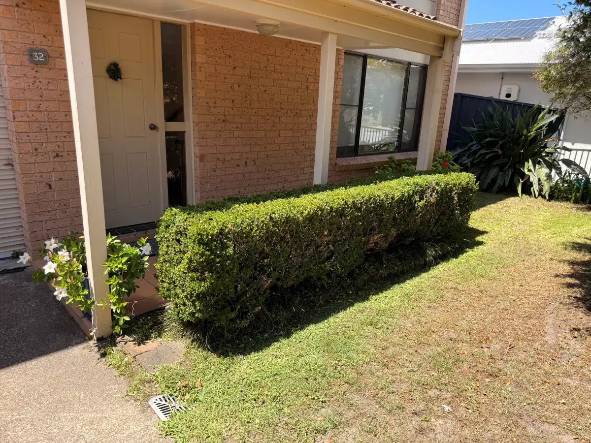 Freshly maintained lawn and garden beside a home